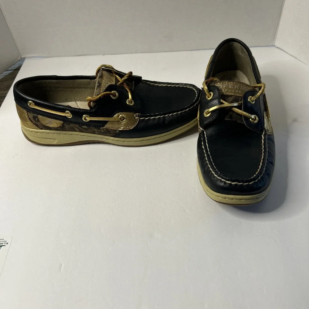 SPERRY TOP-SIDER BOAT SHOES BLACK/GOLD METALLIC SPARKLE WOMEN'S 8 M LEATHER